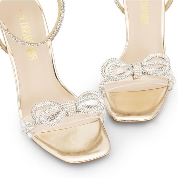 🆕 Women Gold Double Bowknots Crystal Sandals Clear Slingback Square Toe Heels - Picture 5 of 7